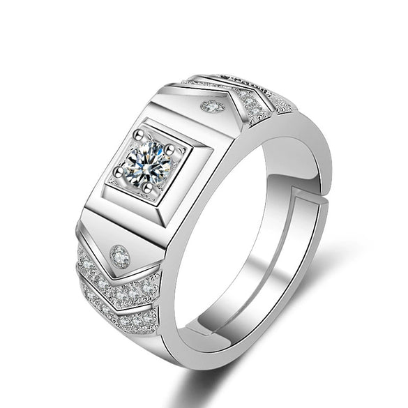 Men's Sterling Silver Adjustable Geometric Ring With Inlaid Zircon Simple Classic Electroplated Jewelry