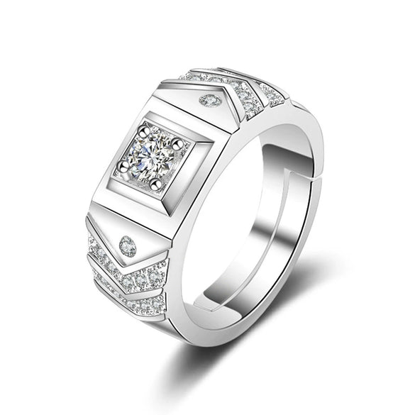 Men's Sterling Silver Adjustable Geometric Ring With Inlaid Zircon Simple Classic Electroplated Jewelry
