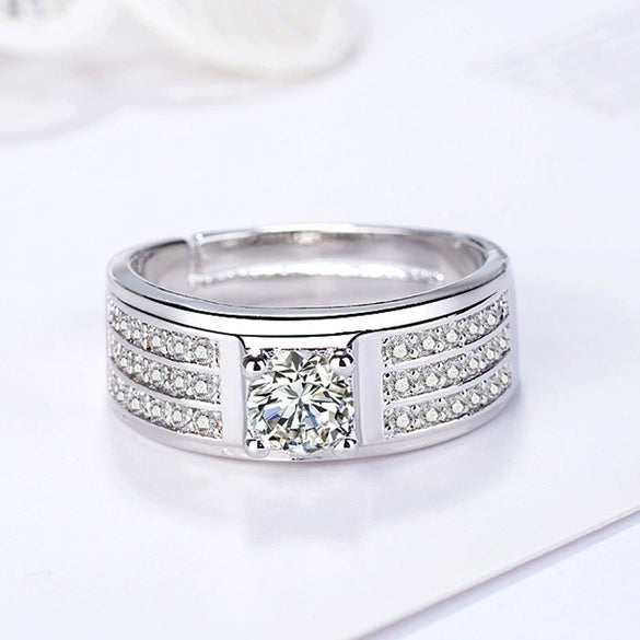 Men's Sterling Silver Geometric Ring With Simulated Diamond Electroplated Adjustable Statement Jewelry