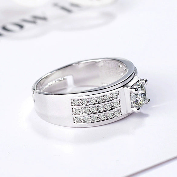Men's Sterling Silver Geometric Ring With Simulated Diamond Electroplated Adjustable Statement Jewelry
