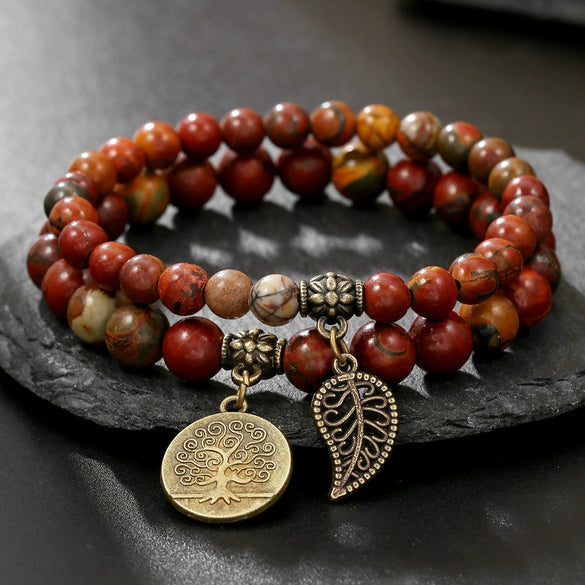 Men's Stone Alloy Geometric Handmade Beaded Bracelet With Life Tree Leaf Pendant