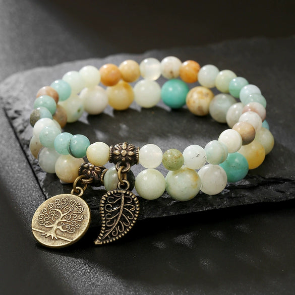 Men's Stone Alloy Geometric Handmade Beaded Bracelet With Life Tree Leaf Pendant