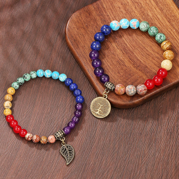 Men's Stone Alloy Geometric Handmade Beaded Bracelet With Life Tree Leaf Pendant