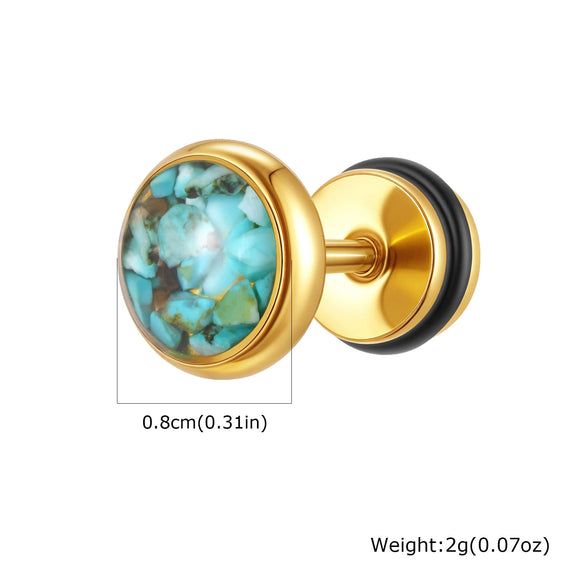Men's Street Stainless Steel Geometric Epoxy Turquoise Round Pierced Earrings Electroplated