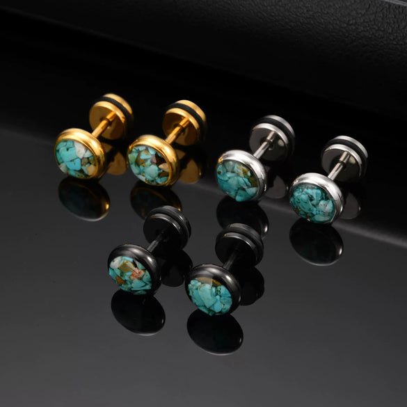 Men's Street Stainless Steel Geometric Epoxy Turquoise Round Pierced Earrings Electroplated