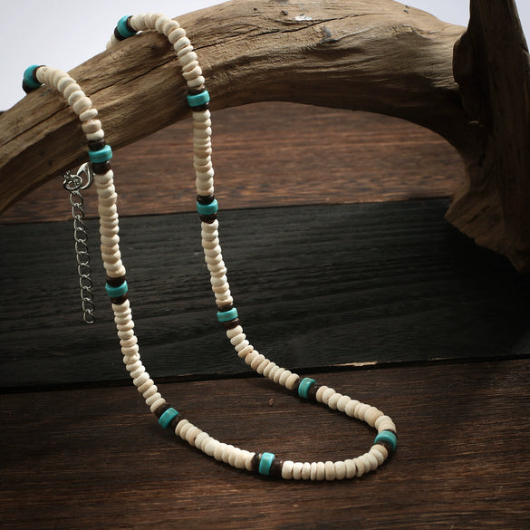 Men's Surfer Wooden Bead Necklace Handmade Geometric Style Coconut Shell Clavicle Chain