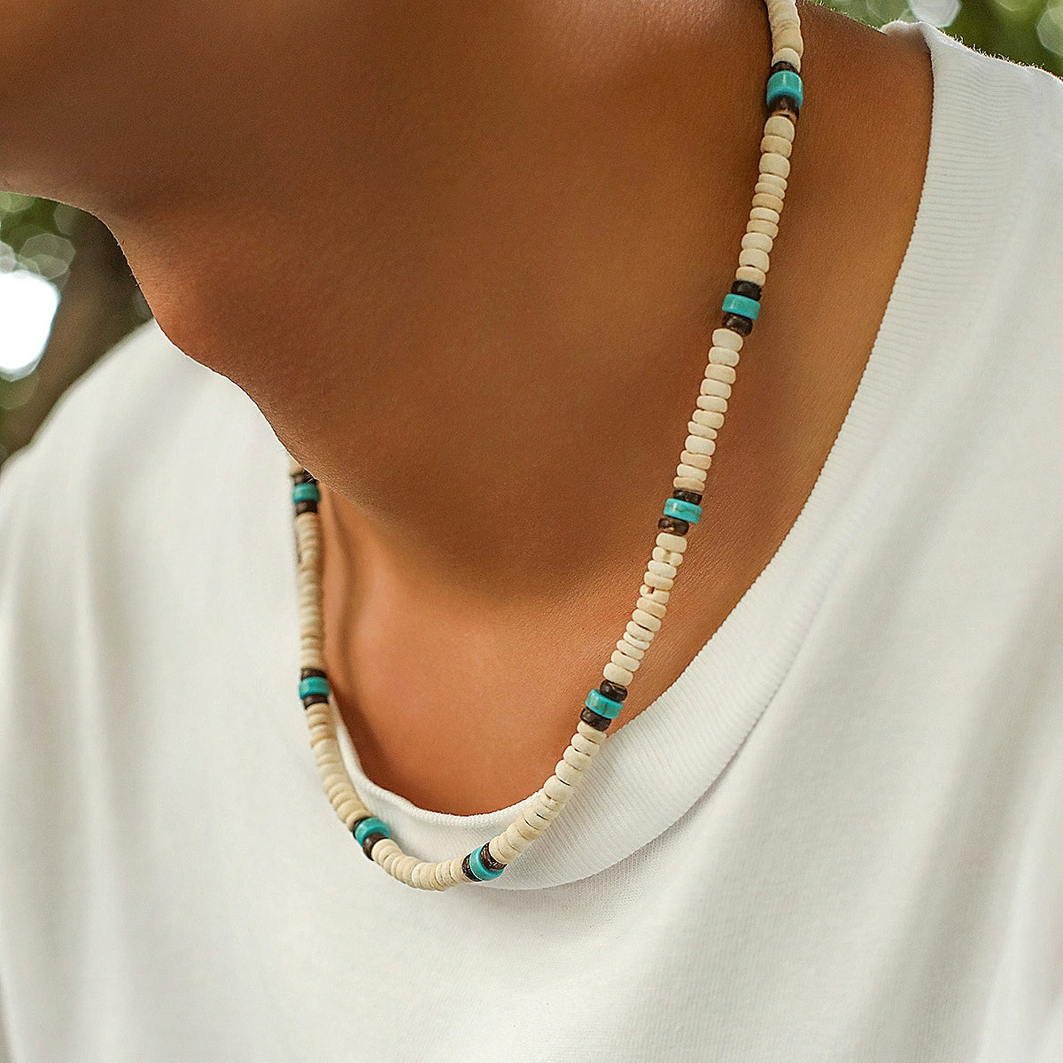 Surfer Shell Chain Men's Surfer Wooden Bead Necklace Handmade Geometric Style Coconut ...
