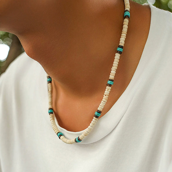 Men's Surfer Wooden Bead Necklace Handmade Geometric Style Coconut Shell Clavicle Chain