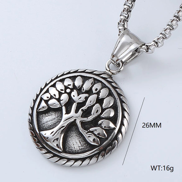 Men's Titanium Steel And Stainless Steel Retro Punk Style Geometric Tree Of Life Round Pendant Necklace Jewelry With Polishing Treatment