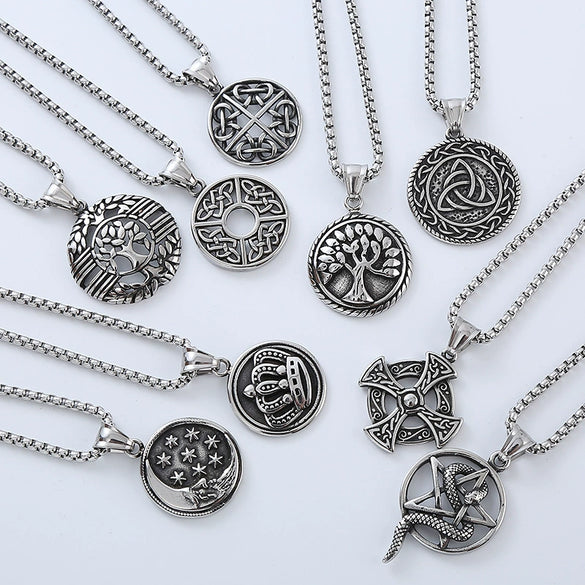 Men's Titanium Steel And Stainless Steel Retro Punk Style Geometric Tree Of Life Round Pendant Necklace Jewelry With Polishing Treatment