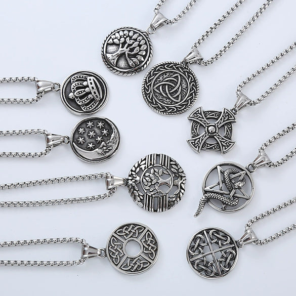 Men's Titanium Steel And Stainless Steel Retro Punk Style Geometric Tree Of Life Round Pendant Necklace Jewelry With Polishing Treatment