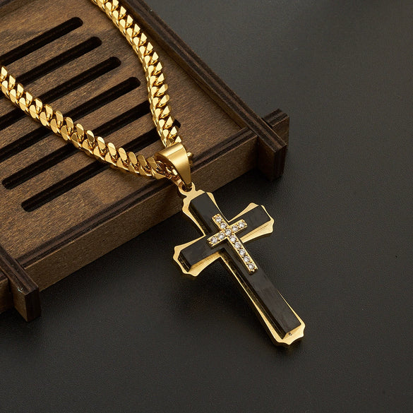 Men's Titanium Steel Cross Pendant Necklace With Diamondset Detail And Layered Pearlstyle Chain Punk Fashion Jewelry