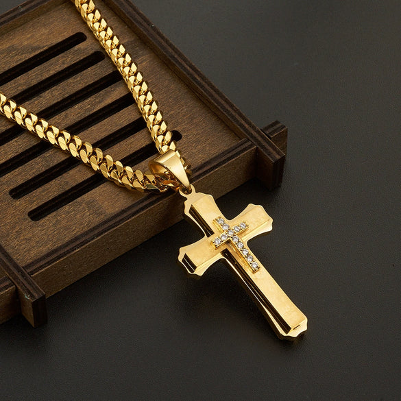 Men's Titanium Steel Cross Pendant Necklace With Diamondset Detail And Layered Pearlstyle Chain Punk Fashion Jewelry