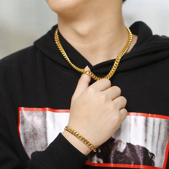 Men's Titanium Steel Cuban Chain Bracelet Necklace Single Sided Polished Sand Finish Geometric Minimalist Electroplated Jewelry