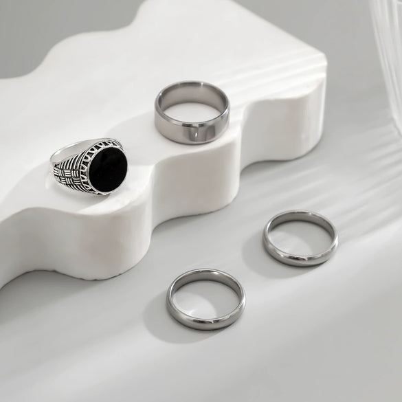 Men's Titanium Steel Geometric Oil Drop Ring Set