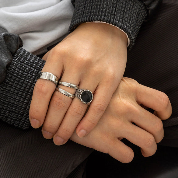Men's Titanium Steel Geometric Oil Drop Ring Set