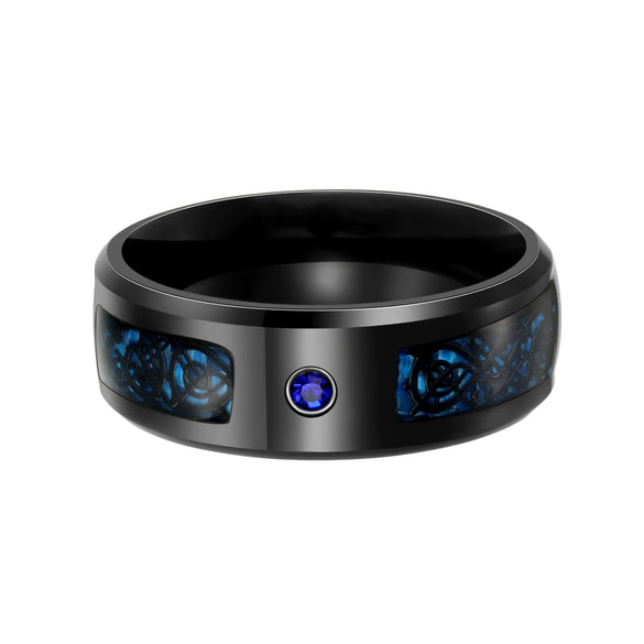 Men's Titanium Steel Geometric Pattern Ring With Blue Carbon Fiber And Diamond Design Electroplated