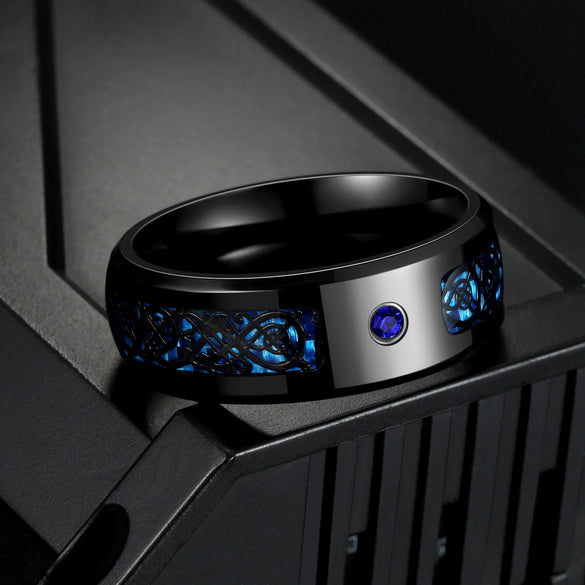 Men's Titanium Steel Geometric Pattern Ring With Blue Carbon Fiber And Diamond Design Electroplated