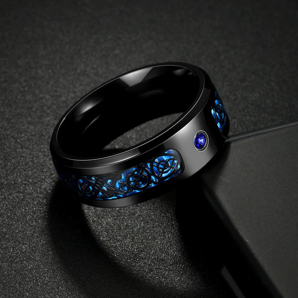 Men's Titanium Steel Geometric Pattern Ring With Blue Carbon Fiber And Diamond Design Electroplated