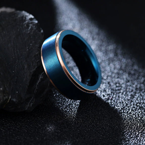 Men's Titanium Steel Ring Geometric Blue Gold Twocolor Vacuum Electroplated Brushed