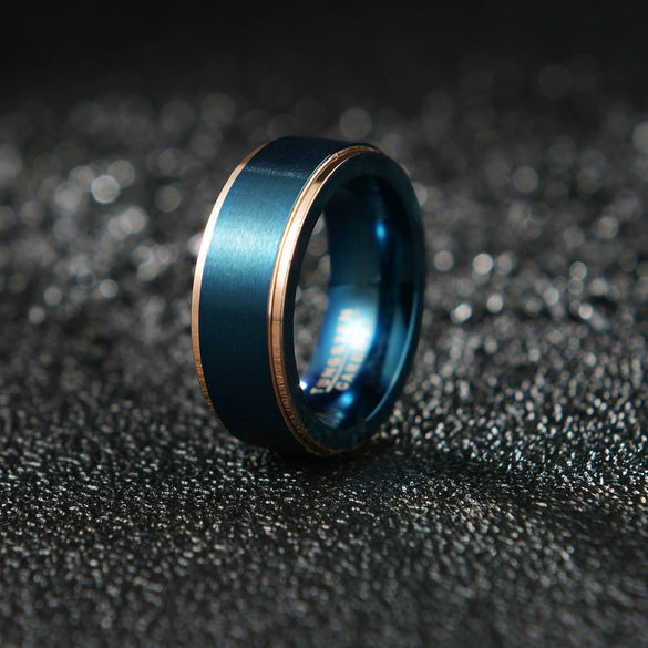 Men's Titanium Steel Ring Geometric Blue Gold Twocolor Vacuum Electroplated Brushed