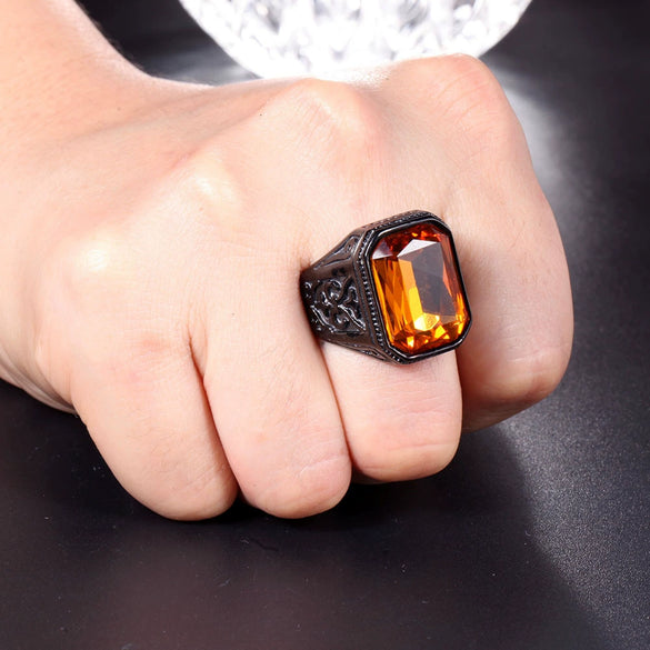 Men's Titanium Steel Ring With Black Writing Stone Pattern And Oil Treatment