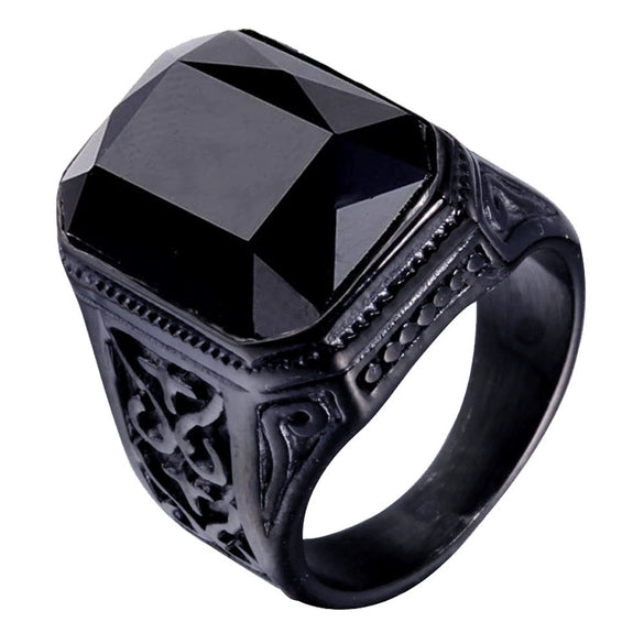 Men's Titanium Steel Ring With Black Writing Stone Pattern And Oil Treatment