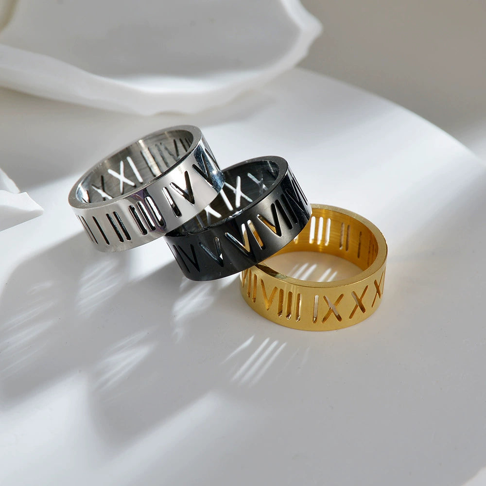 Men's Titanium Steel Ring With Cut Out Roman Numeral Pattern And Furna ...