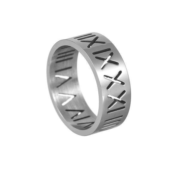 Men's Titanium Steel Ring With Cut Out Roman Numeral Pattern And Furnace Vacuum Electroplating