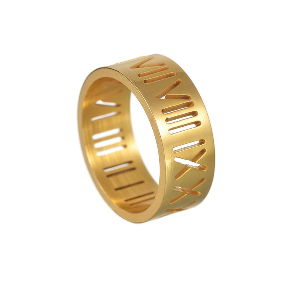 Men's Titanium Steel Ring With Cut Out Roman Numeral Pattern And Furnace Vacuum Electroplating