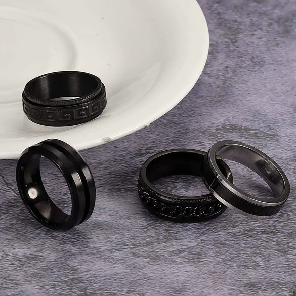 Men's Titanium Steel Rotating Decompression Ring Geometric Black Mysterious Style Electroplated