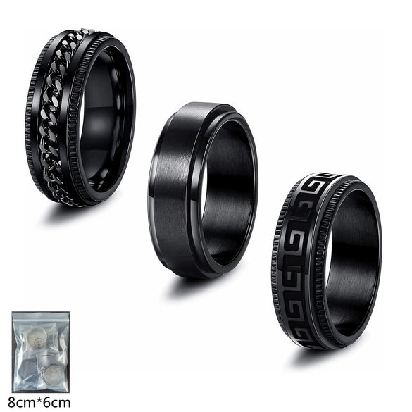 Men's Titanium Steel Rotating Decompression Ring Threepiece Set Black Electroplated Geometric Style