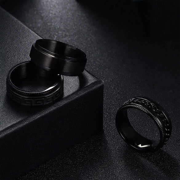 Men's Titanium Steel Rotating Decompression Ring Threepiece Set Black Electroplated Geometric Style