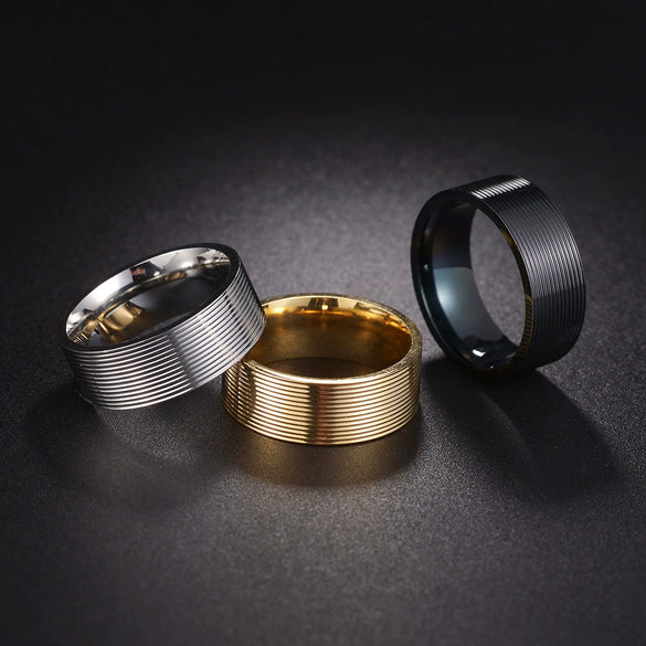 Men's Titanium Steel Threaded Geometric Ring With Vacuum Electroplating