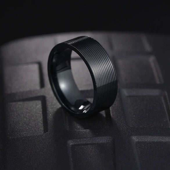 Men's Titanium Steel Threaded Geometric Ring With Vacuum Electroplating