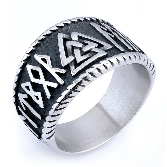 Men's Titanium Steel Viking Warrior Ring With Nordic Myth And Rune Apply Oil Design