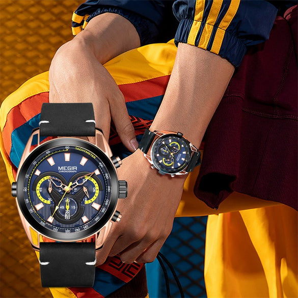 Men's Trendy Blue Chronograph Genuine Leather And Alloy Watch With Round Dial