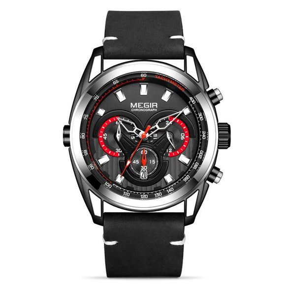 Men's Trendy Blue Chronograph Genuine Leather And Alloy Watch With Round Dial
