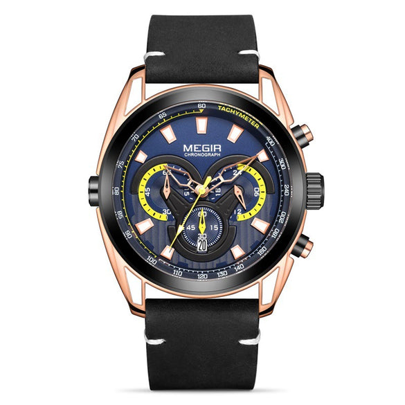 Men's Trendy Blue Chronograph Genuine Leather And Alloy Watch With Round Dial