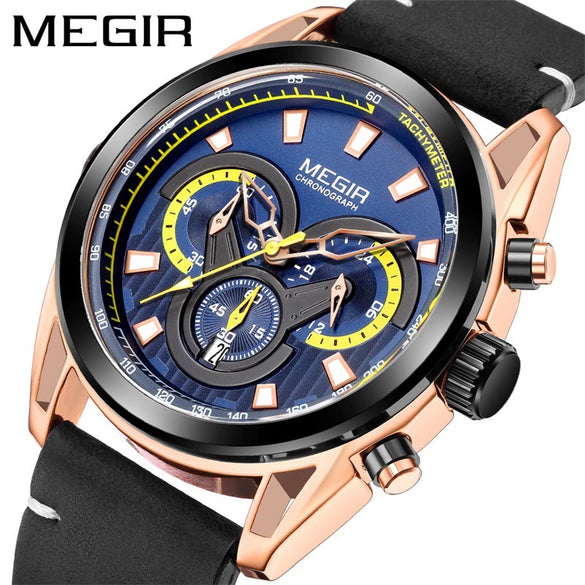 Men's Trendy Blue Chronograph Genuine Leather And Alloy Watch With Round Dial