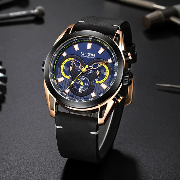 Men's Trendy Blue Chronograph Genuine Leather And Alloy Watch With Round Dial