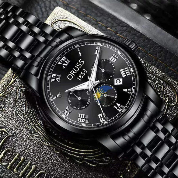 Men's Tungsten And Steel Automatic Waterproof Watch With Round Dial