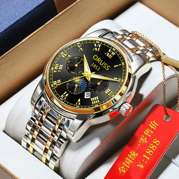 Men's Tungsten And Steel Automatic Waterproof Watch With Round Dial