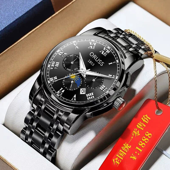 Men's Tungsten And Steel Automatic Waterproof Watch With Round Dial