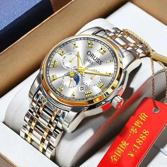 Men's Tungsten And Steel Automatic Waterproof Watch With Round Dial
