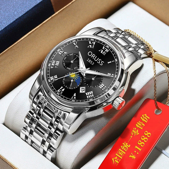 Men's Tungsten And Steel Automatic Waterproof Watch With Round Dial