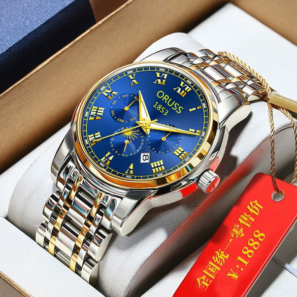 Men's Tungsten And Steel Automatic Waterproof Watch With Round Dial