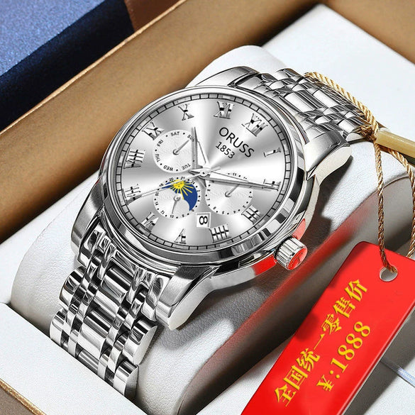 Men's Tungsten And Steel Automatic Waterproof Watch With Round Dial