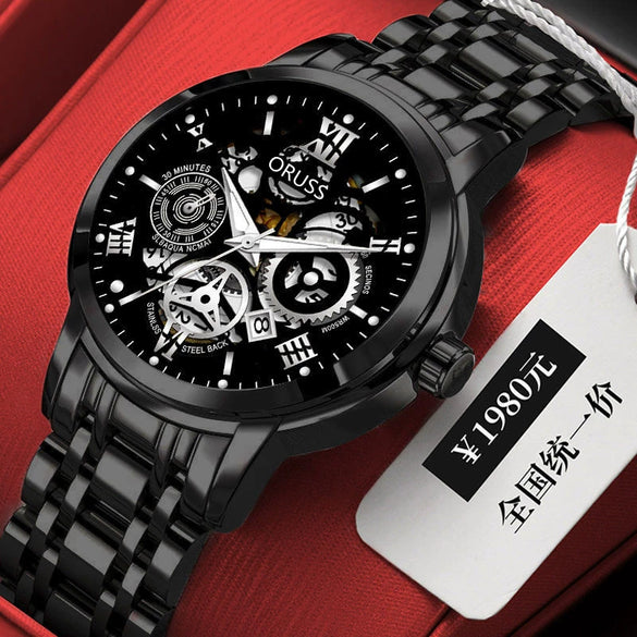 Men's Tungsten And Steel Automatic Waterproof Watch With Round Dial