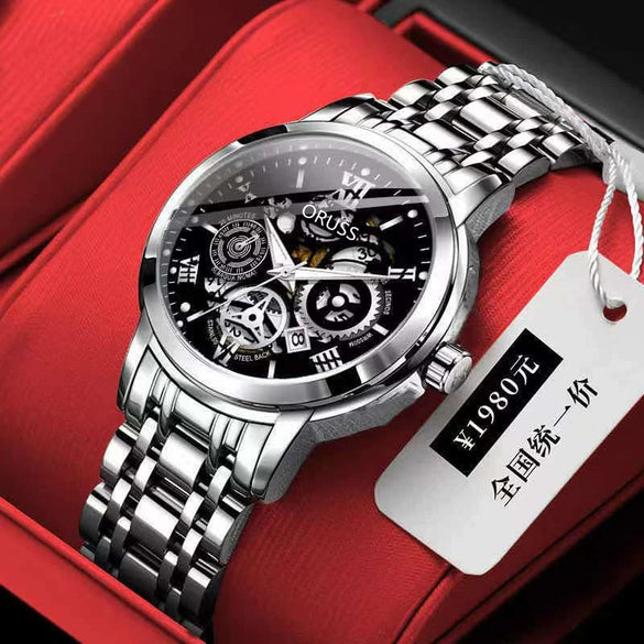 Men's Tungsten And Steel Automatic Waterproof Watch With Round Dial